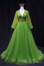 Green V Neck Tulle Long Prom Dress, Long Sleeve Green Formal Prom Dress