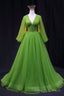 Green V Neck Tulle Long Prom Dress, Long Sleeve Green Formal Prom Dress