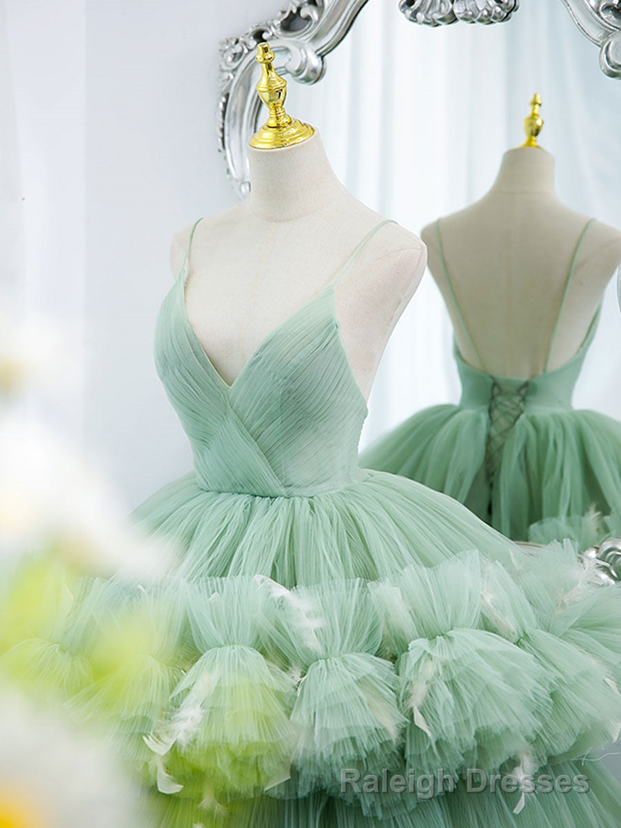 Green V Neck Tulle Long Prom Dresses,  Ball Gown Green Sweet 16 Dresses Main image