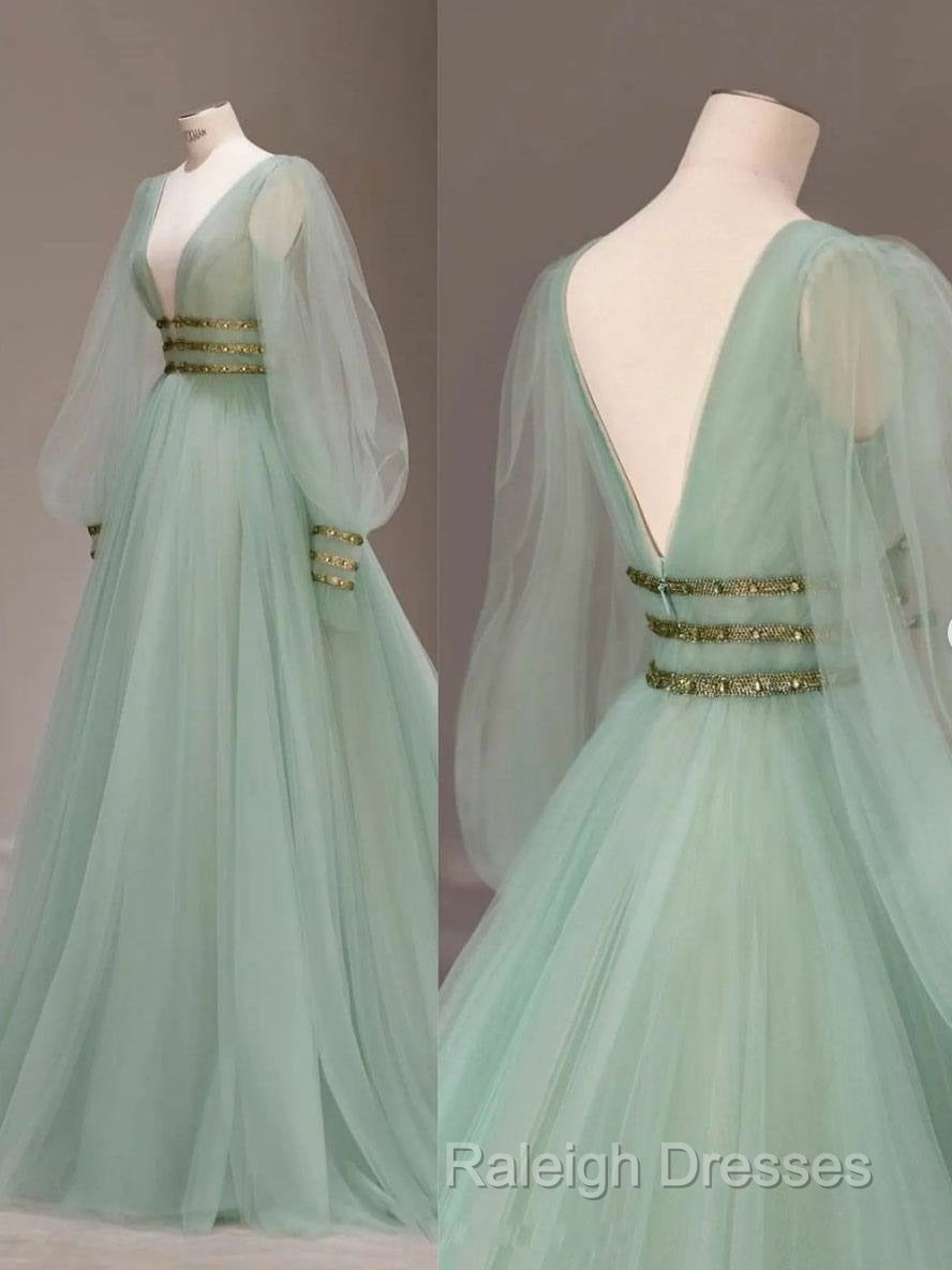 Green V Neck Tulle Sequin Long Prom Dress, Green Evening Dress