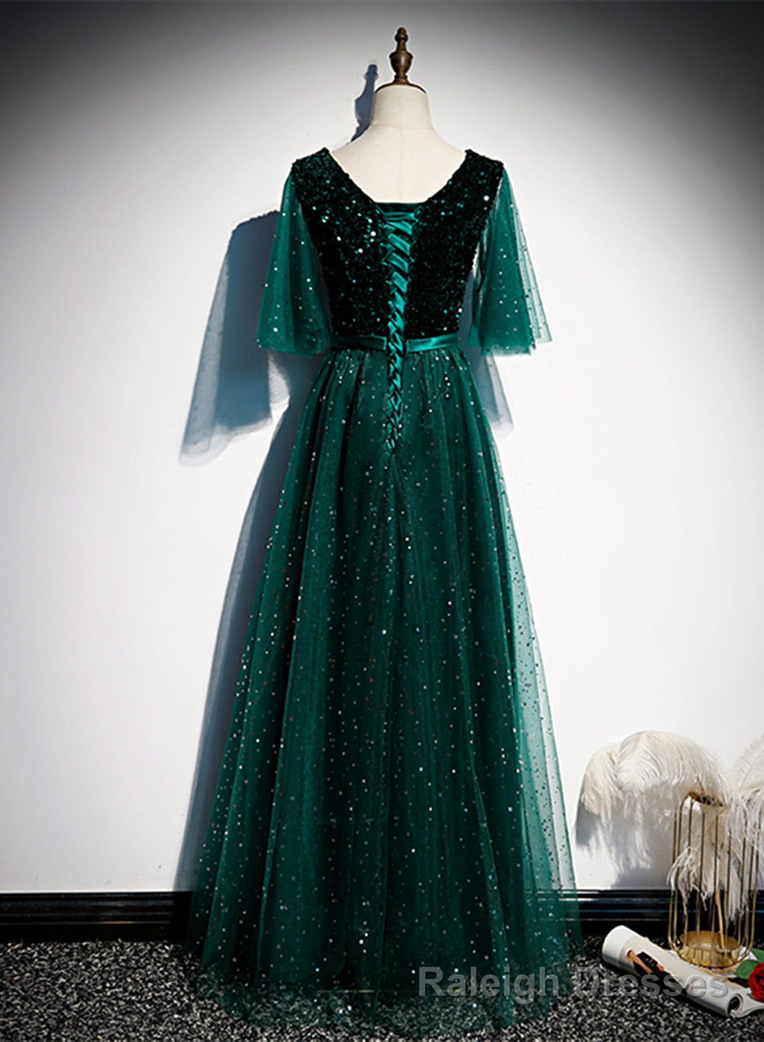 Green V-neckline Shiny Tulle Long Wedding Party Dresses, Green Formal Dresses Secondary image