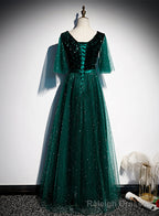 Green V-neckline Shiny Tulle Long Wedding Party Dresses Green Formal Dresses prom dresses shops