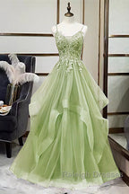 Green V-Neckline Tulle With Lace Applique Prom Dresses Green Layers Tulle Prom Dresses