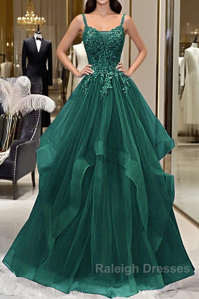 Green V-Neckline Tulle With Lace Applique Prom Dress, Green Layers Tulle Party Dress Main image