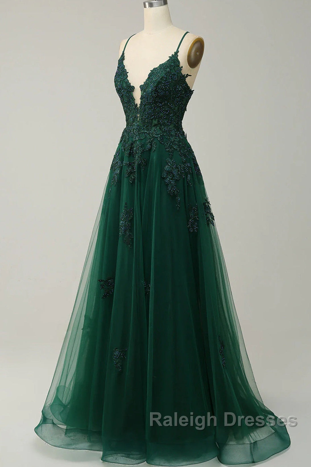 Green V-Neckline Tulle With Lace Cross Back, Green Tulle Prom Dress Secondary image