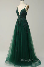 Green V-Neckline Tulle With Lace Cross Back, Green Tulle Prom Dress