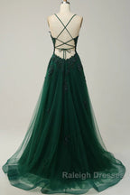 Green V-Neckline Tulle With Lace Cross Back, Green Tulle Prom Dress