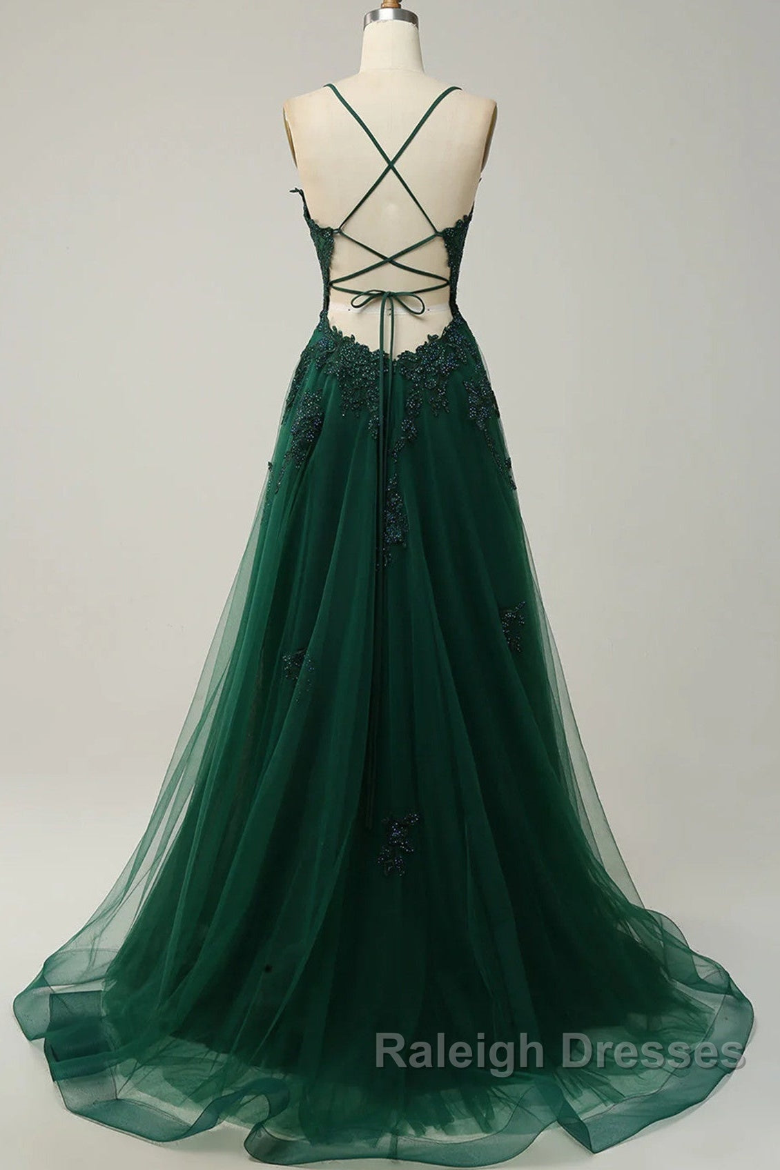 Green V-Neckline Tulle With Lace Cross Back, Green Tulle Prom Dress