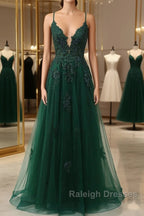Green V-Neckline Tulle With Lace Cross Back, Green Tulle Prom Dress