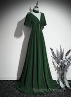 Green Velvet A-Line Short Sleeves Long Party Dress, Green Long Prom Dress