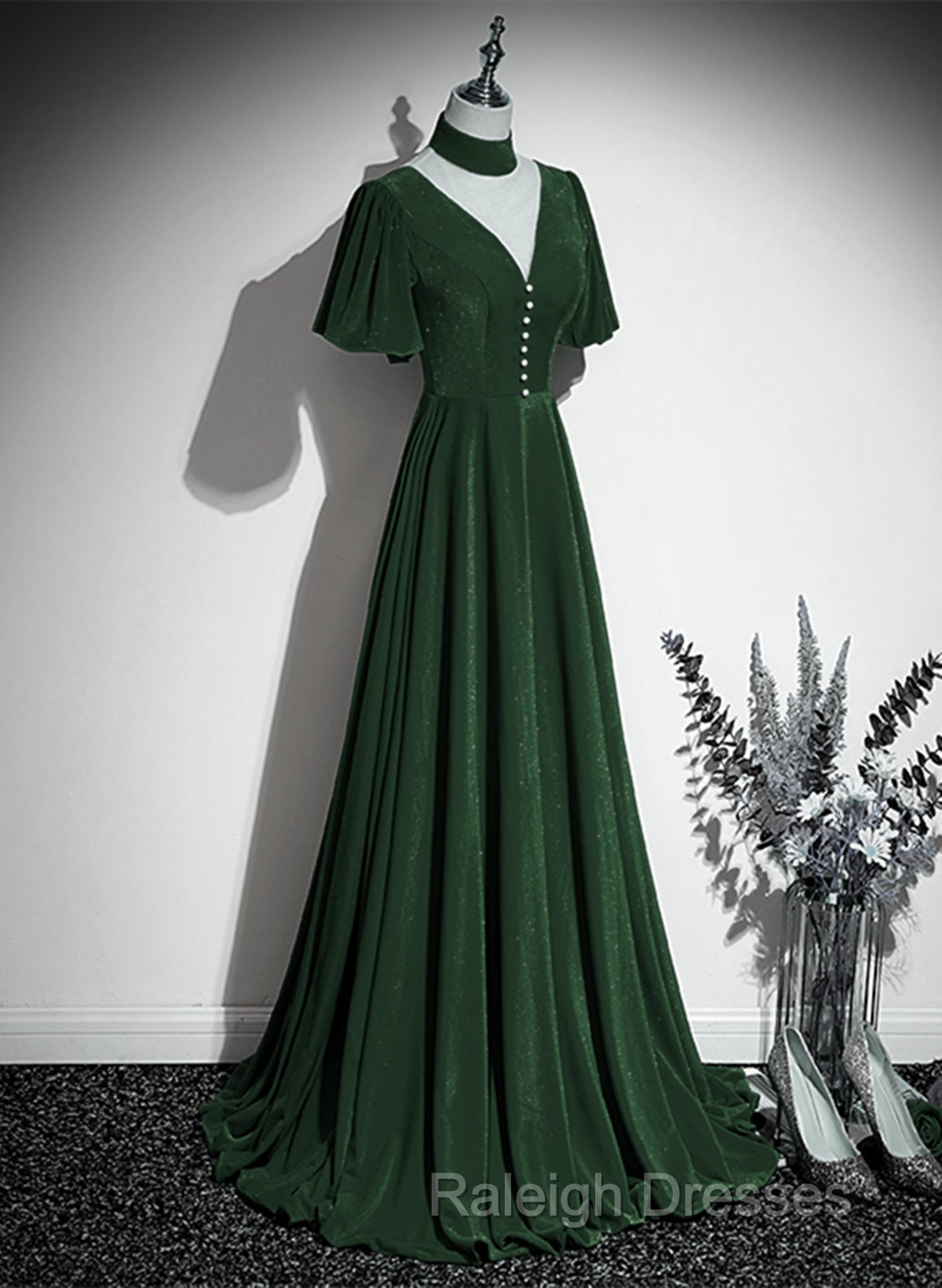 Green Velvet A-Line Short Sleeves Long Party Dress, Green Long Prom Dress