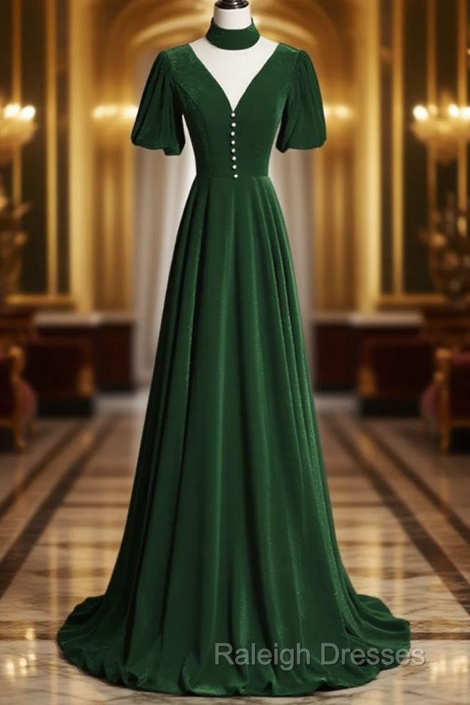 Green Velvet A-Line Short Sleeves Long Party Dress, Green Long Prom Dress Main image