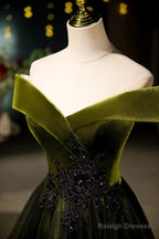 Green Velvet And Tulle Off Shoulder Party Dress, A-Line Green Evening Dress Prom Dress