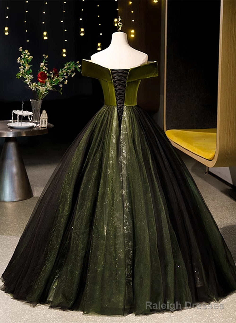 Green Velvet And Tulle Off Shoulder Party Dress, A-Line Green Evening Dress Prom Dress