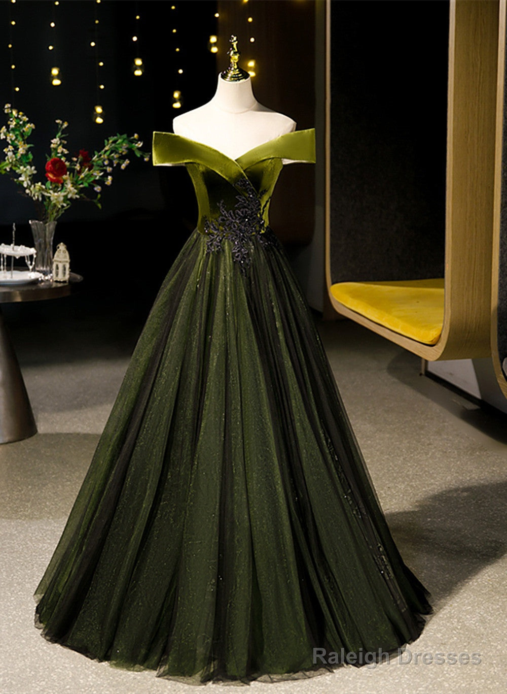 Green Velvet And Tulle Off Shoulder Party Dress, A-Line Green Evening Dress Prom Dress Main image