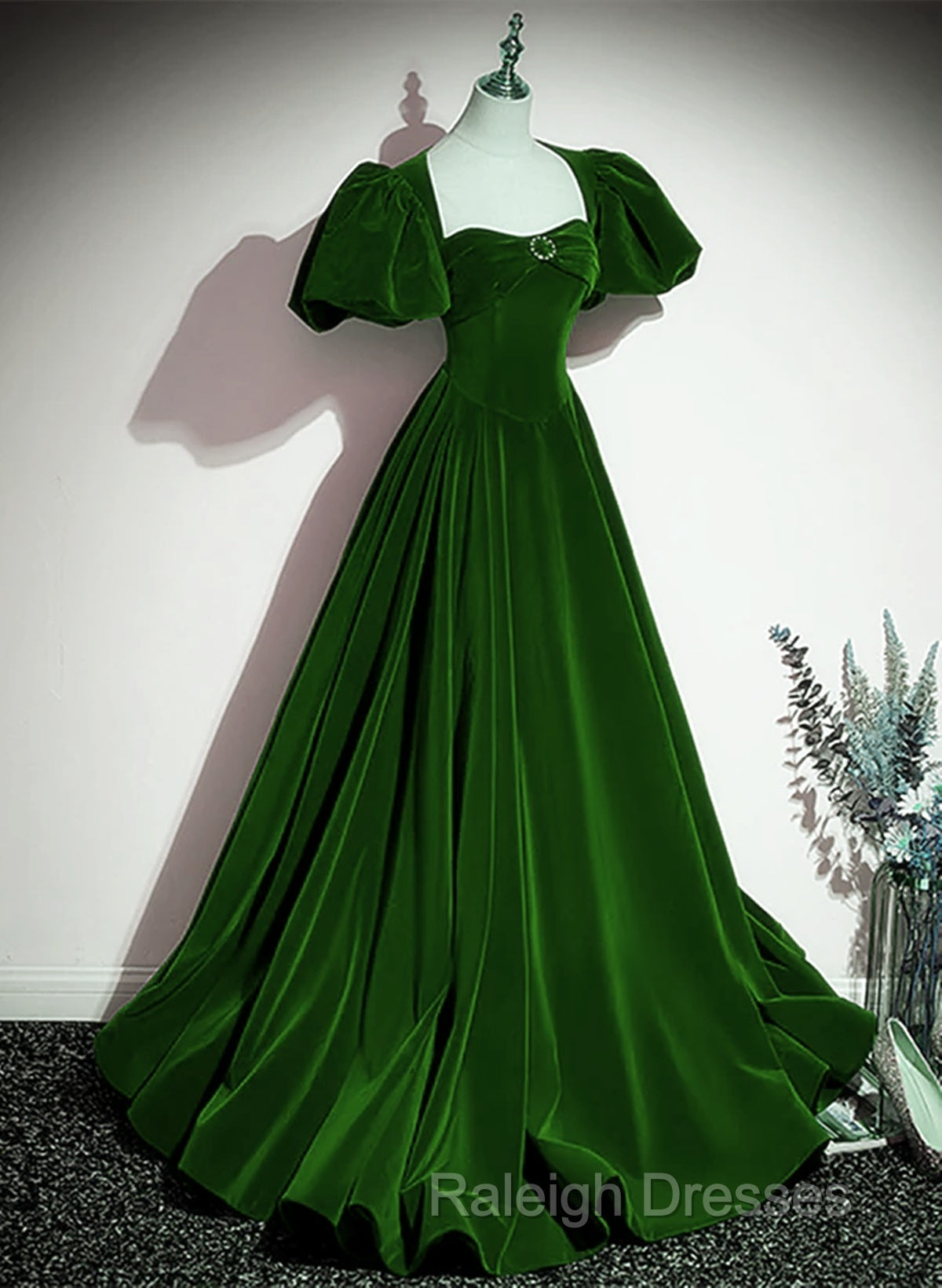 Green Velvet Backless Long Party Dress, Green Short Sleeves Formal Dress Prom Dress