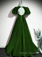 Green Velvet Backless Long Party Dress, Green Short Sleeves Formal Dress Prom Dress