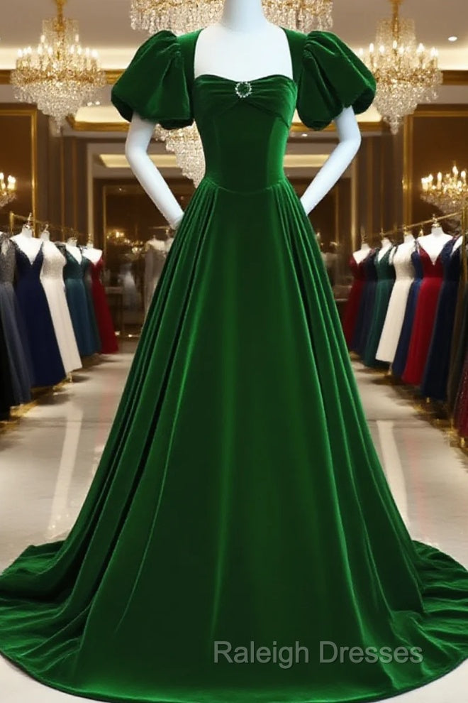 Green Velvet Backless Long Party Dress, Green Short Sleeves Formal Dress Prom Dress Main image