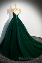 Green Velvet Beaded Long Prom Dress, A-Line Beautiful Evening Party Dress