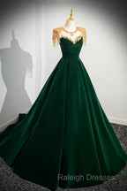 Green Velvet Beaded Long Prom Dress, A-Line Beautiful Evening Party Dress