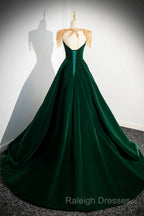 Green Velvet Beaded Long Prom Dress, A-Line Beautiful Evening Party Dress