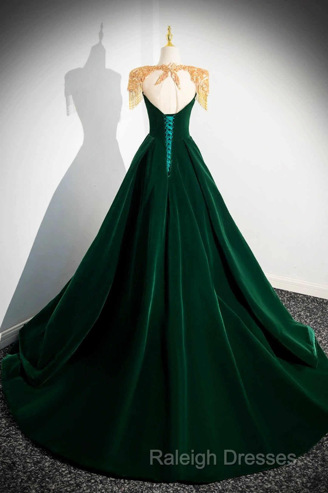 Green Velvet Beaded Long Prom Dress, A-Line Beautiful Evening Party Dress