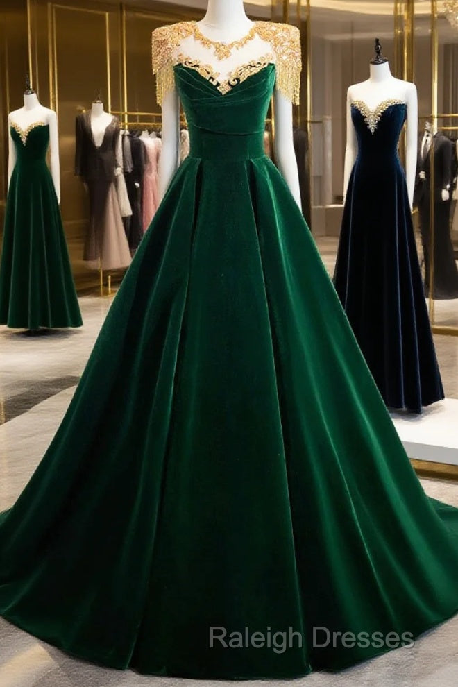 Green Velvet Beaded Long Prom Dress, A-Line Beautiful Evening Party Dress Main image