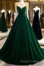 Green Velvet Beaded Long Prom Dress, A-Line Beautiful Evening Party Dress
