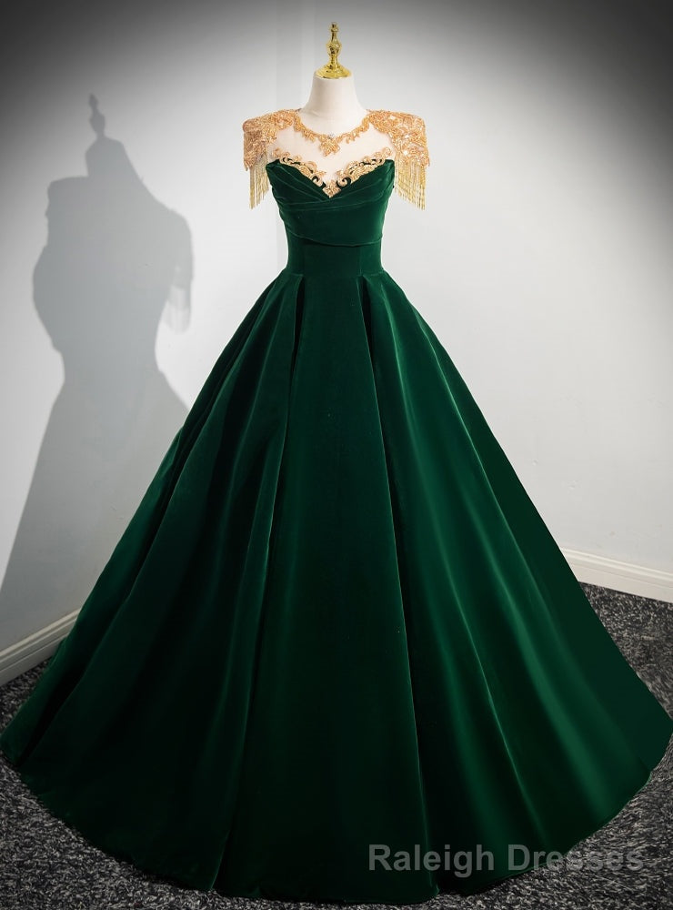 Green Velvet Cap Sleeve Appliques Beading Prom Dress Main image
