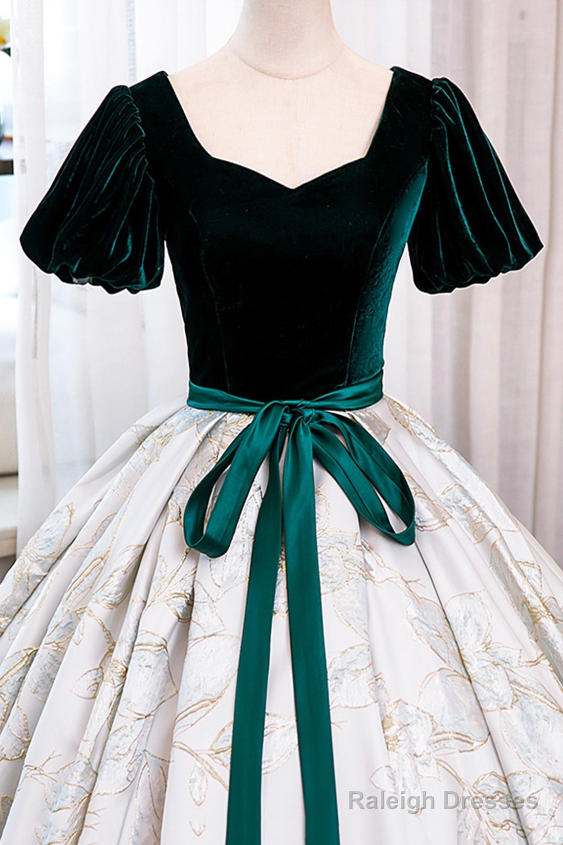 Green Velvet Floor-Length Printing Prom Dresses, A-Line Short Sleeve Evening Formal Dresses Secondary image