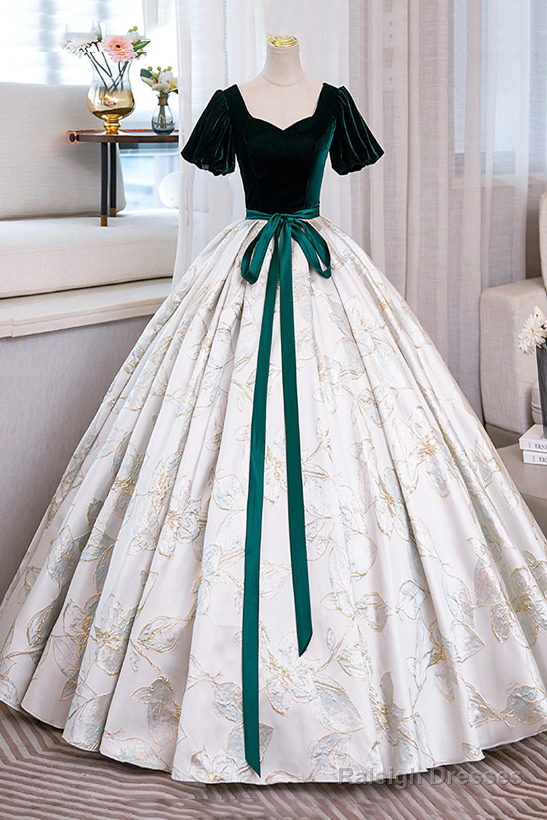 Green Velvet Floor-Length Printing Prom Dresses, A-Line Short Sleeve Evening Formal Dresses Main image