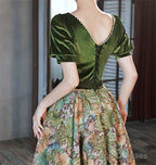 Green Velvet Floral Short Sleeves Long Prom Dress, Green Sweetheart Prom Dress