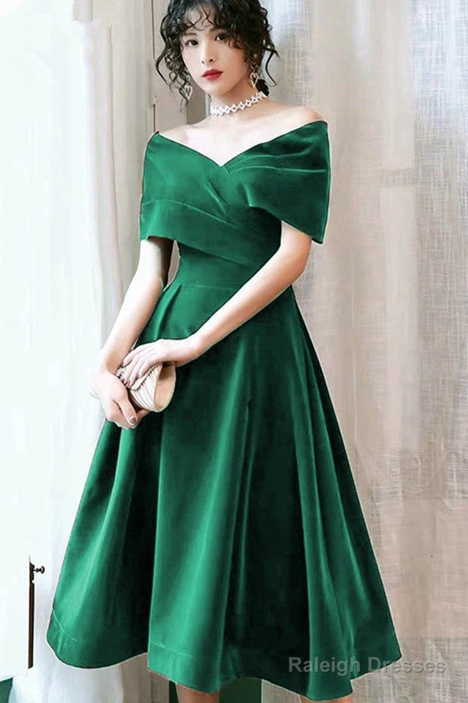 Green Velvet Off Shoulder Tea Length Party Dresses, Green Bridesmaid Dresses Formal Dresses Secondary image