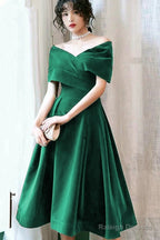 Green Velvet Off Shoulder Tea Length Party Dresses, Green Bridesmaid Dresses Formal Dresses