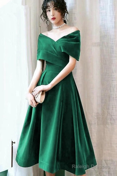 Green Velvet Off Shoulder Tea Length Party Dresses, Green Bridesmaid Dresses Formal Dresses Main image