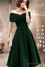 Green Velvet Off Shoulder Vintage Style Bridesmaid Dress, Tea Length Party Dress