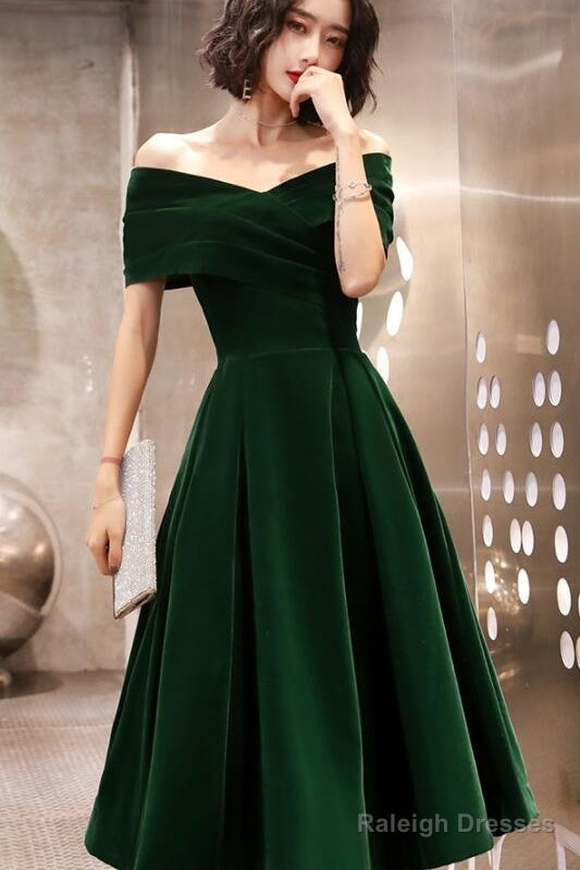 Green Velvet Off Shoulder Vintage Style Bridesmaid Dress, Tea Length Party Dress