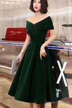 Green Velvet Off Shoulder Vintage Style Bridesmaid Dress, Tea Length Party Dress