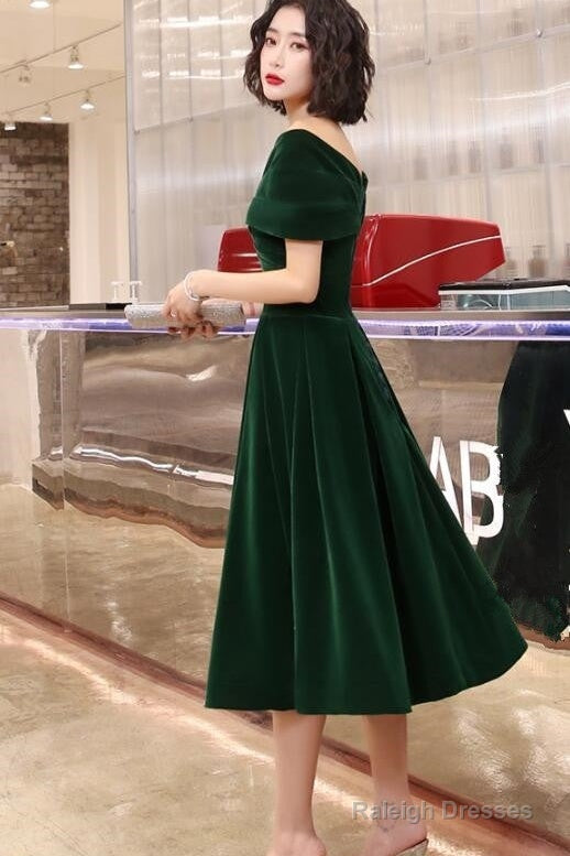 Green Velvet Off Shoulder Vintage Style Bridesmaid Dress, Tea Length Party Dress