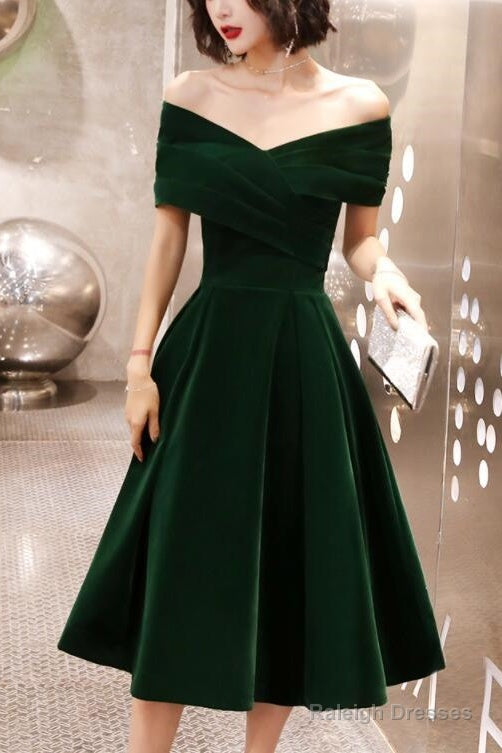 Green Velvet Off Shoulder Vintage Style Bridesmaid Dress, Tea Length Party Dress Main image