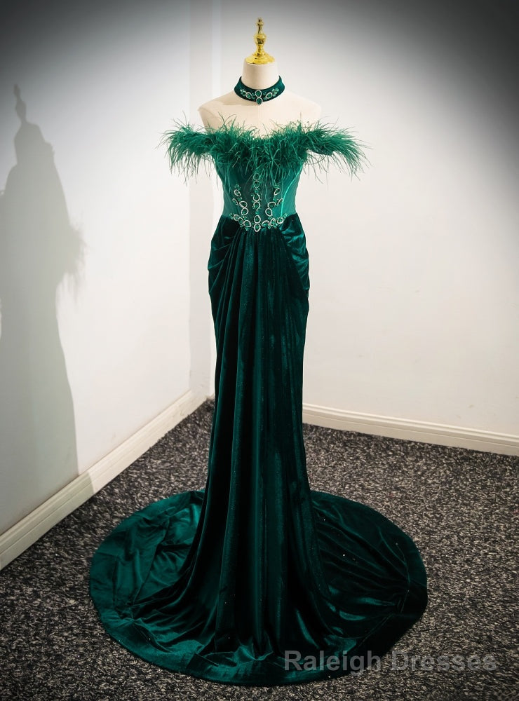 Green Velvet Off the Shoulder Feather Crystal Prom Dress Main image