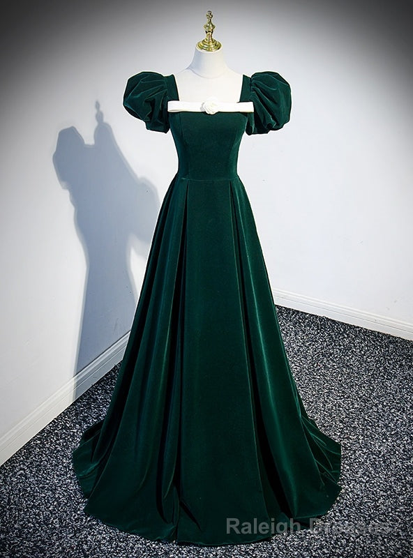 Green Velvet Square Short Sleeve Prom Dress Main image