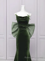 Green Velvet Straps Low Back Evening Dress, Green Velvet Prom Dress