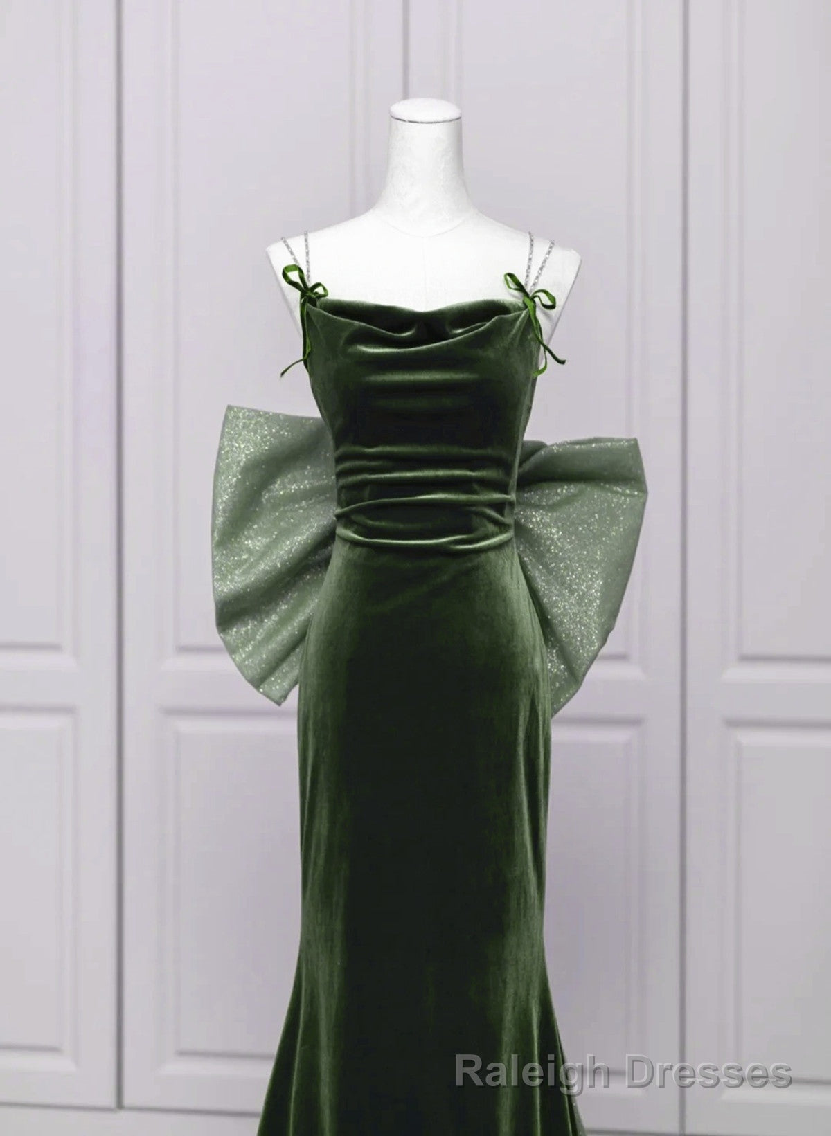 Green Velvet Straps Low Back Evening Dress, Green Velvet Prom Dress