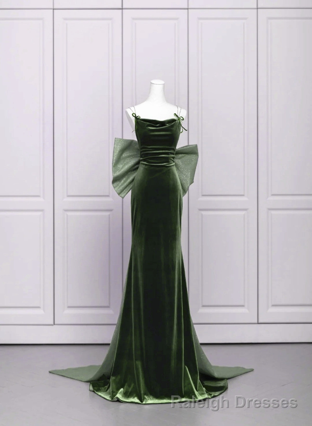 Green Velvet Straps Low Back Evening Dress, Green Velvet Prom Dress Main image