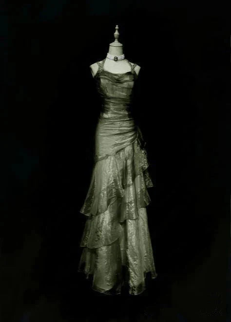 Green/Champagne Vintage Elegant Long Lace Ruffle Prom Dress Evening Dress