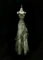 Green/Champagne Vintage Elegant Long Lace Ruffle Prom Dress Evening Dress