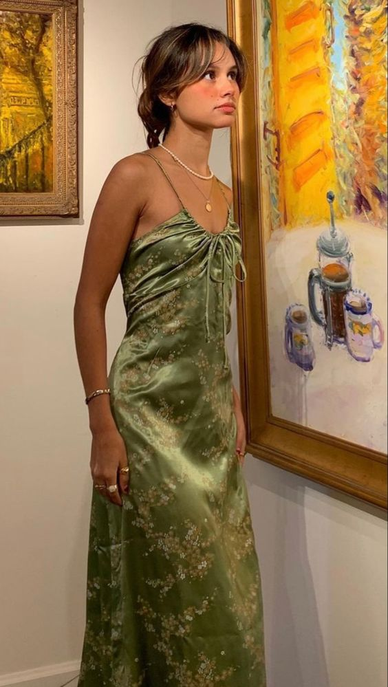 Green Vintage Printed Satin Prom Dresses Midi Length Prom Dresses