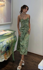 Green Vintage Printed Satin Prom Dresses Midi Length Prom Dresses