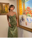 Green Vintage Printed Satin Prom Dresses Midi Length Prom Dresses